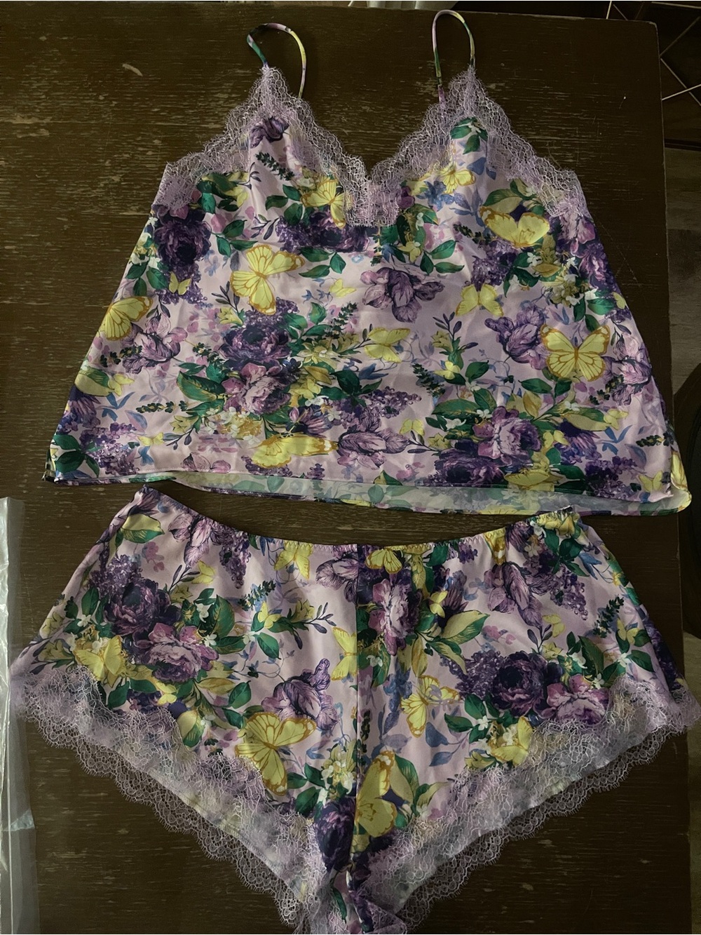 Victoria's Secret Purple & Yellow Floral Satin Cami and Shorts Pajama Set
